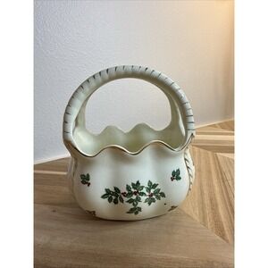 Formalities by Baum Bros. Porcelain Ceramic Holly Berry Basket Ivory and Gold 6"